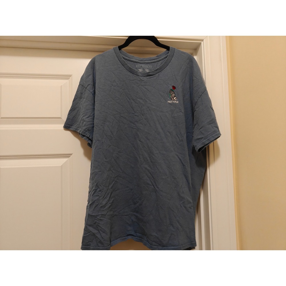 Riot Society Mens XL Faded Blue Pray For Me Rose Embroidered Graphic Tee